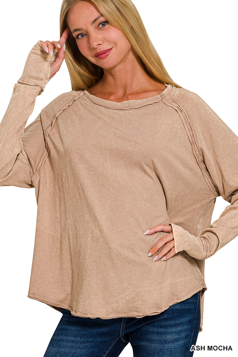 WASHED THUMB HOLE CUFFS SCOOP-NECK LONG SLEEVE TOP