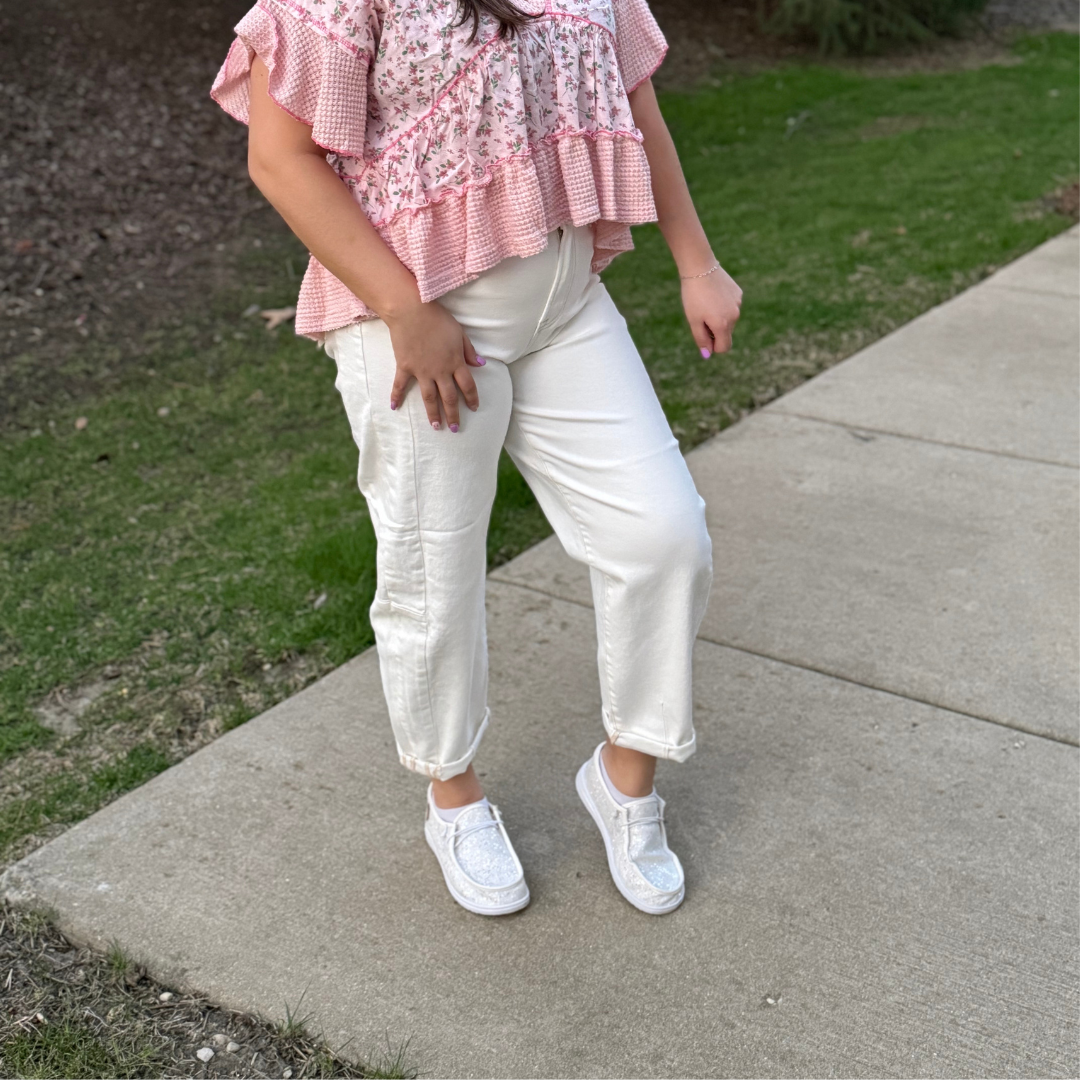White Risen Barrel Jeans