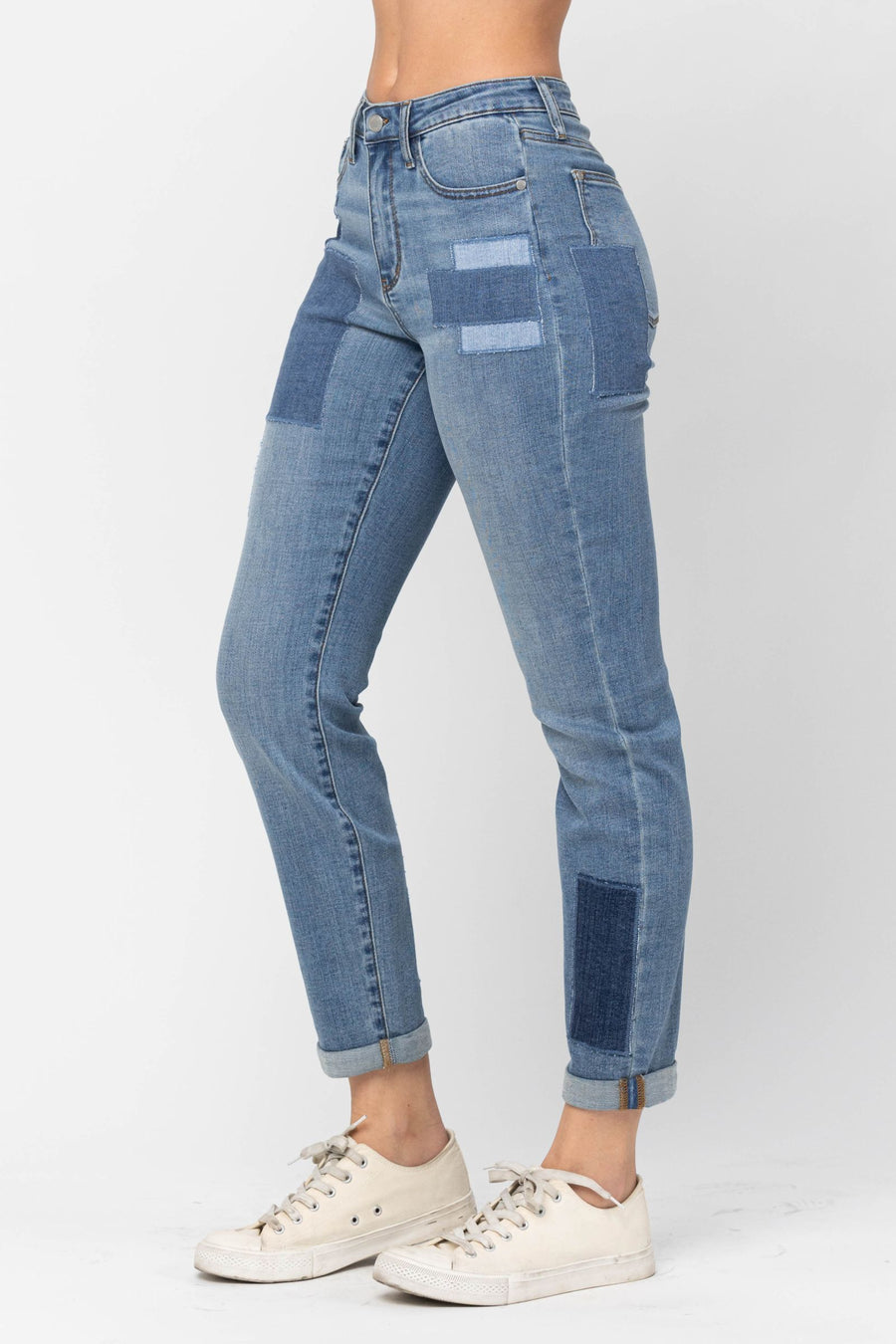 Judy Blue Boyfriend High Waist Double Rolled Cuff Patch